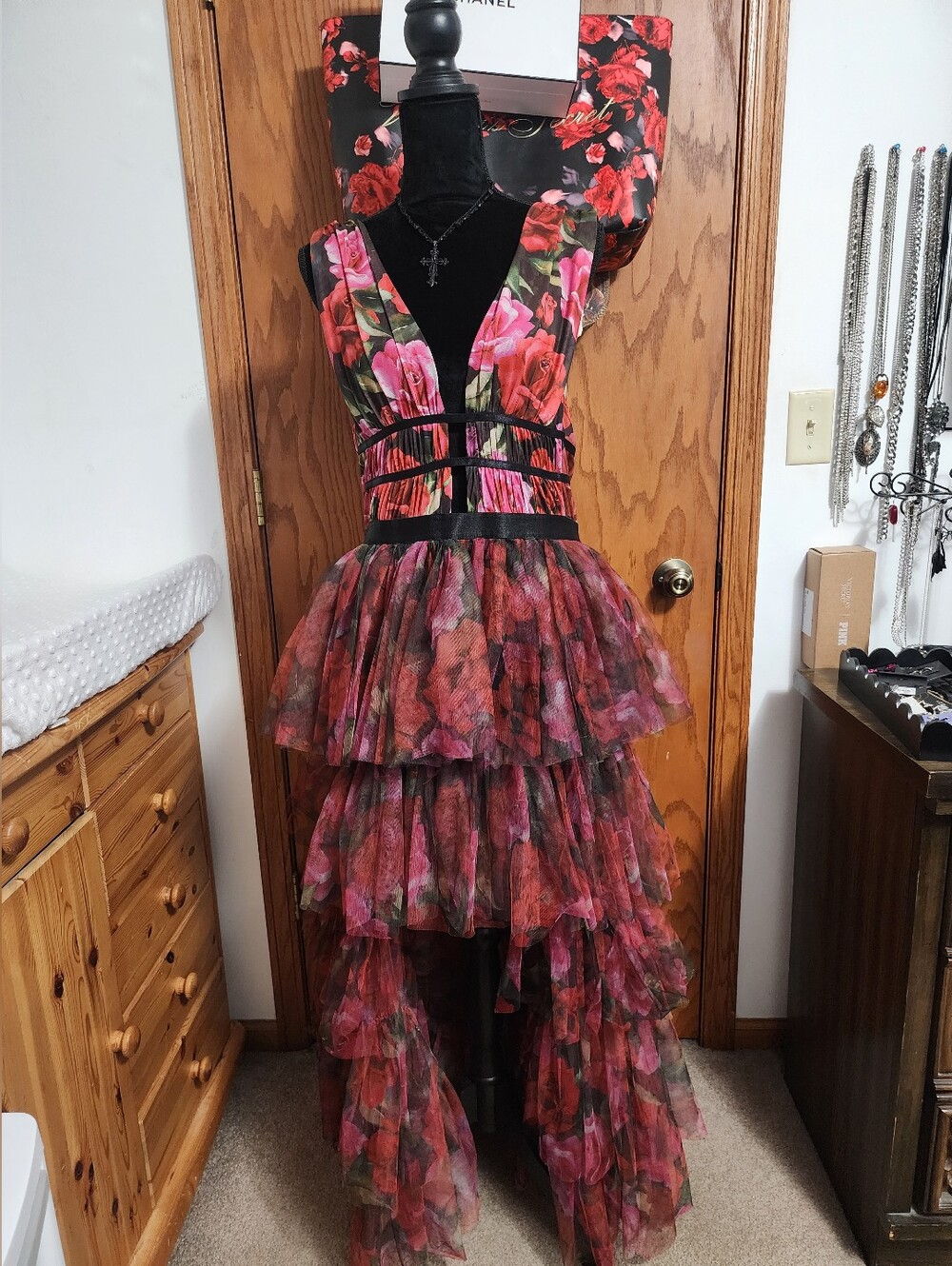 BeBe Tiered High Low Mesh Dress